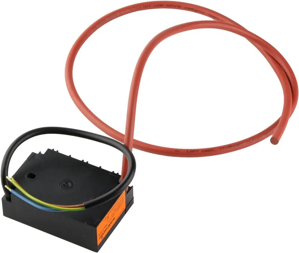 BOSCH Zündeinheit mit schwarzen und bunten Kabelanschlüssen. Rotes Kabel und schwarze Box mit elektronischen Komponenten zur Steuerung von Zündvorgängen.